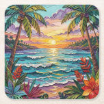 Tropical Paradise | Coastal Beach Scene Impasto Square Paper Coaster<br><div class="desc">Pretty coaster with a gorgeous ai impasto oil painting style illustration of the  blue ocean,  a sandy beach surrounded by palm trees at sunset.</div>
