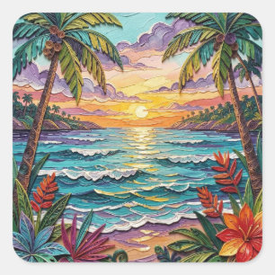 Tropical Paradise   Coastal Beach Scene Impasto Square Sticker