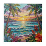 Tropical Paradise | Coastal Beach Scene Impasto Tile<br><div class="desc">Pretty tile with a gorgeous ai impasto oil painting style illustration of the  blue ocean,  a sandy beach surrounded by palm trees at sunset.</div>