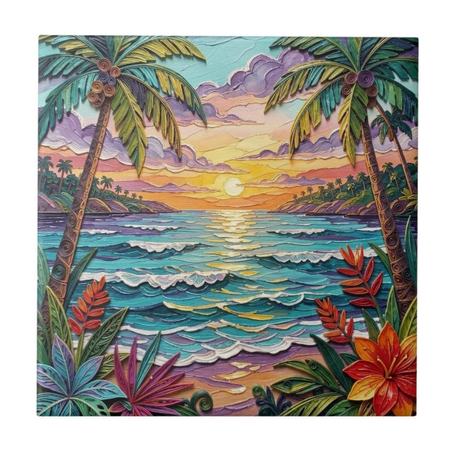 Tropical Paradise | Coastal Beach Scene Impasto Tile (Front)
