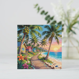 Tropical Paradise Coastal Seaside Cottage Blank Card