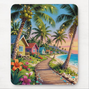 Tropical Paradise Coastal Seaside Cottage Ocean  Mouse Pad