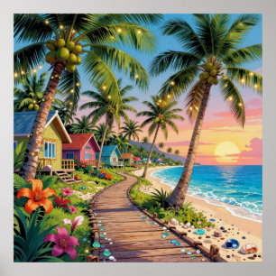 Tropical Paradise Coastal Seaside Cottage Ocean  Poster