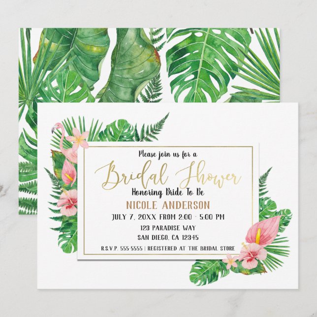 Tropical Paradise Flamingo Leaves Bridal Shower Invitation (Front/Back)