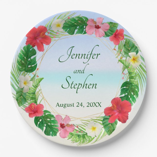 Tropical Paradise Floral Wreath Wedding Paper Plate (Front)
