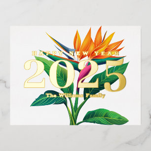Tropical Paradise Flower Happy New Year 2025 Gold Foil Holiday Postcard