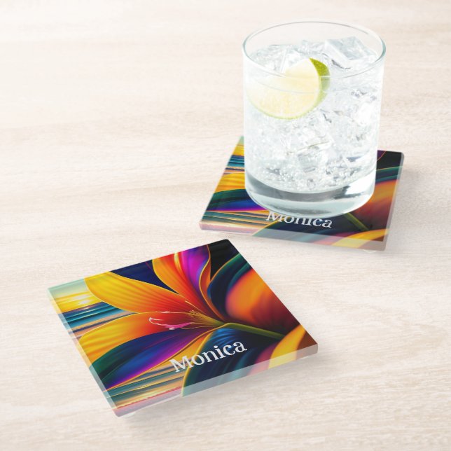 Tropical Paradise Flowers Personalized Glass Coaster (Angled)