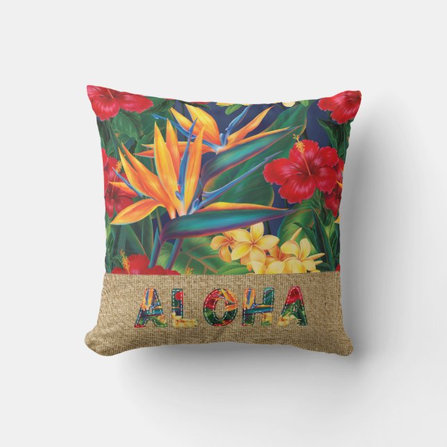 Tropical Paradise Hawaiian Floral Faux Appliqué Outdoor Pillow (Front)