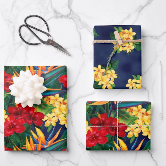 Tropical Paradise Hawaiian Floral Small Trio Wrapping Paper Sheet (Front)