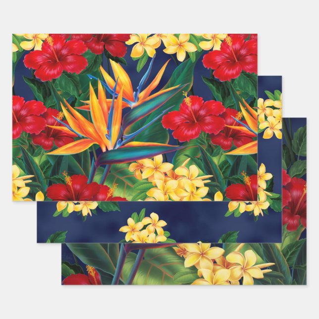 Tropical Paradise Hawaiian Floral Trio Wrapping Paper Sheet (Set)
