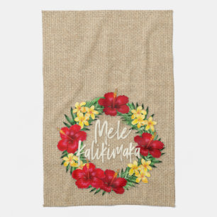Tropical Paradise Hawaiian Holiday Wreath Burlap Kitchen Towel