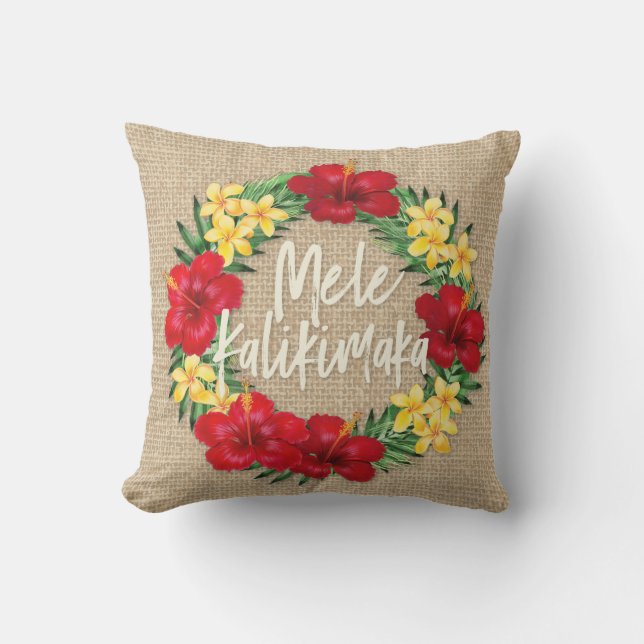 Tropical Paradise Hawaiian Holiday Wreath Burlap Outdoor Pillow (Front)