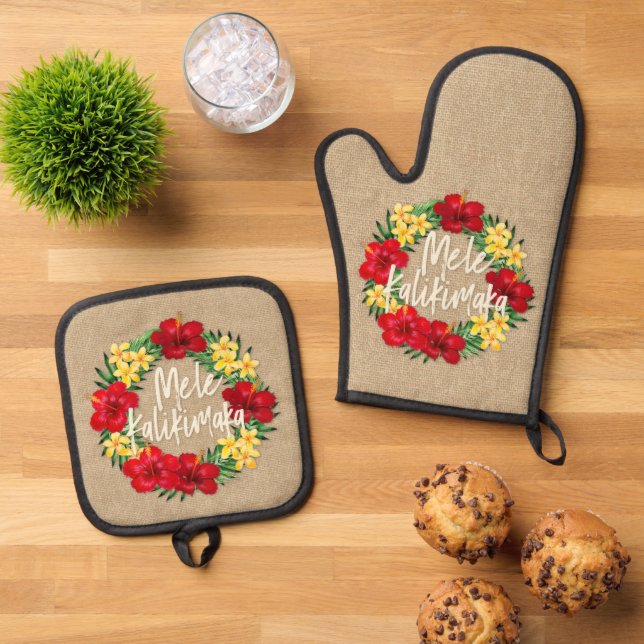 Tropical Paradise Hawaiian Holiday Wreath Burlap Oven Mitt & Pot Holder Set (Top Down)
