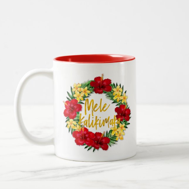 Tropical Paradise Hawaiian Holiday Wreath Two-Tone Coffee Mug (Left)