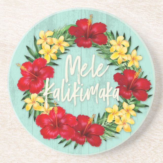 Tropical Paradise Hawaiian Holiday Wreath Wood Coaster (Front)