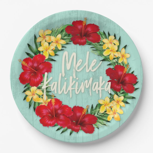 Tropical Paradise Hawaiian Holiday Wreath Wood Paper Plate (Front)