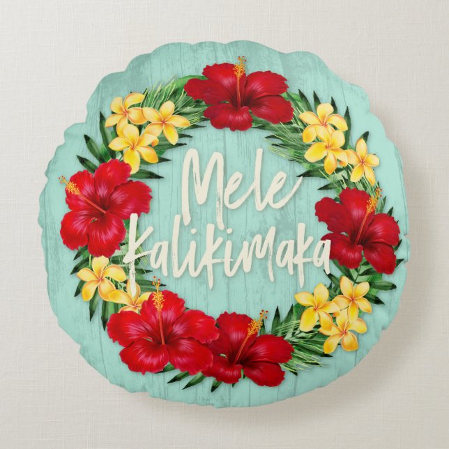 Tropical Paradise Hawaiian Holiday Wreath Wood Round Pillow (Front)