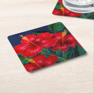 Tropical Paradise Hibiscus Hawaiian Square Paper Coaster