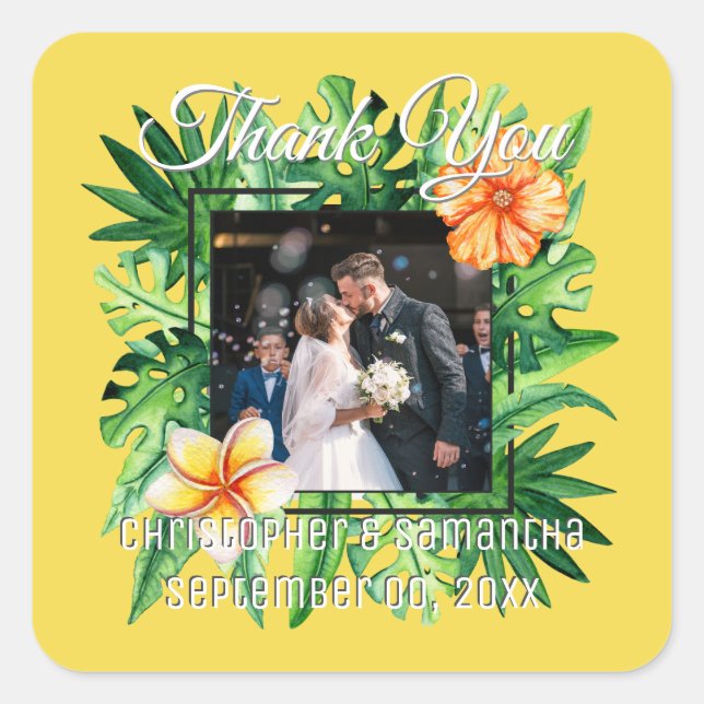 Tropical paradise jungle leaves DIY photo Square Sticker (Front)