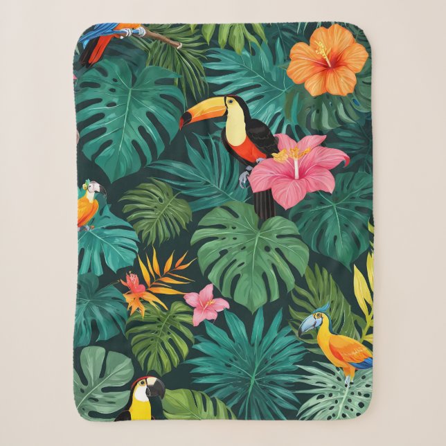 Tropical Paradise Jungle Pattern Sherpa Blanket (Front)
