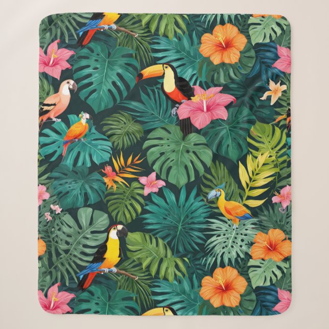 Tropical Paradise Jungle Pattern Sherpa Blanket (Front)