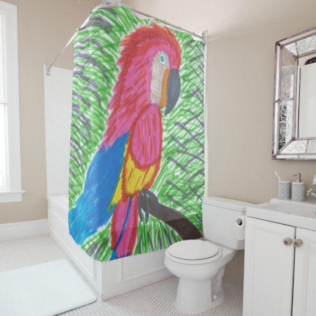 Tropical Paradise Macaw Shower Curtain (In Situ)