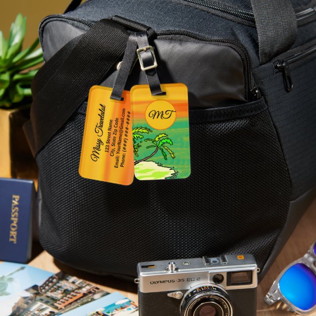 Tropical Paradise Orange Sunset Personalized Luggage Tag (Front & Back)