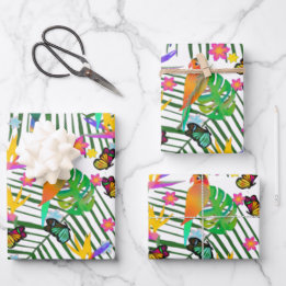 Tropical Paradise Palm Green Leaves Floral Birds Wrapping Paper Sheet