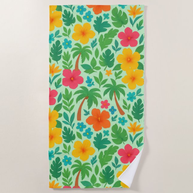Tropical Paradise – Palm Leaves & Hibiscus Pattern Beach Towel (Front)