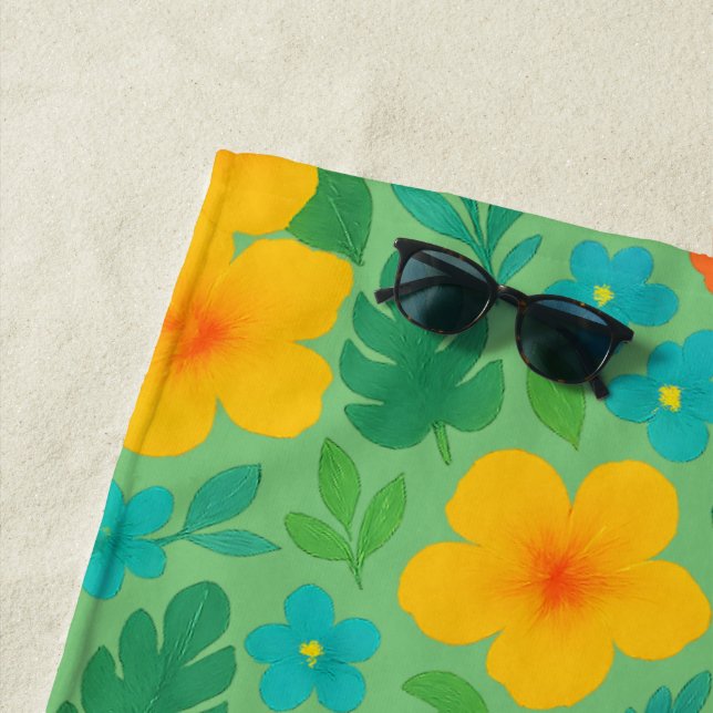 Tropical Paradise – Palm Leaves & Hibiscus Pattern Beach Towel (In Situ)