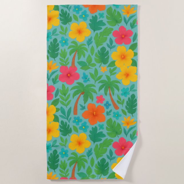 Tropical Paradise – Palm Leaves & Hibiscus Pattern Beach Towel (Front)