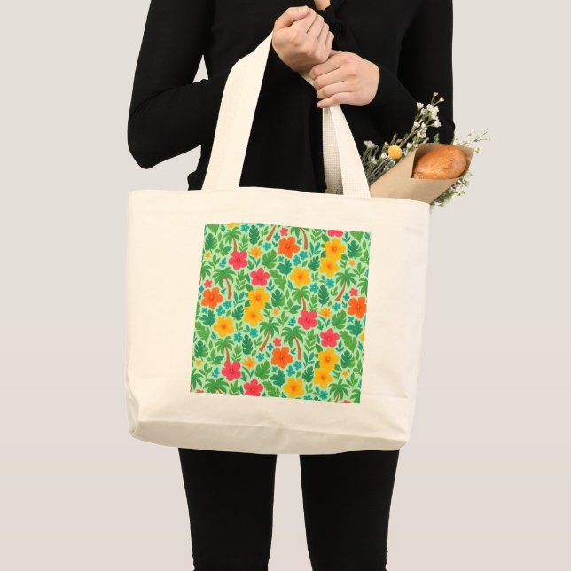 Tropical Paradise – Palm Leaves & Hibiscus Pattern Large Tote Bag (Front (Product))