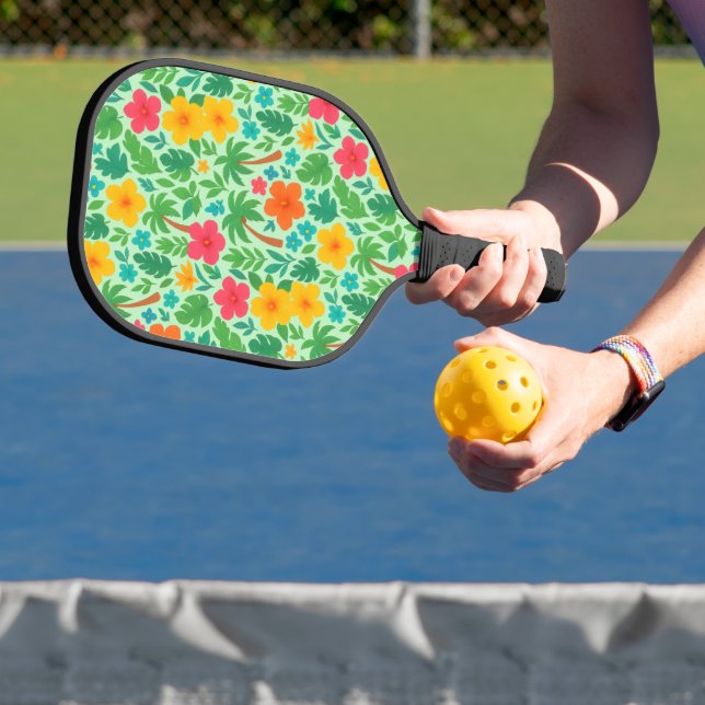 Tropical Paradise – Palm Leaves & Hibiscus Pattern Pickleball Paddle (Insitu)