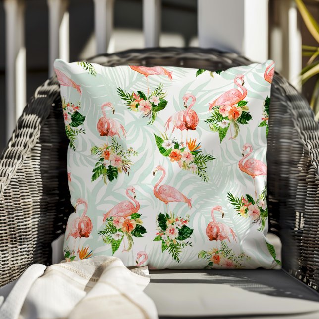 Tropical Paradise Pink Flamingos Floral Outdoor Pillow (Creator Uploaded)