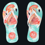 Tropical Paradise Pink Flamingos with Monogram Flip Flops<br><div class="desc">Escape to paradise in these fun and fashionable flip flops featuring watercolor pink flamingos with a palm patterned background in Caribbean aqua. Edit the sample monogram with your desired initials. These make great gifts for bridesmaids, friends, or yourself. They're also a nice idea for out-of-town wedding guests at beach or...</div>