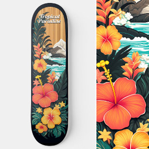 Tropical Paradise Sea Beach & Flowers Art Skateboard