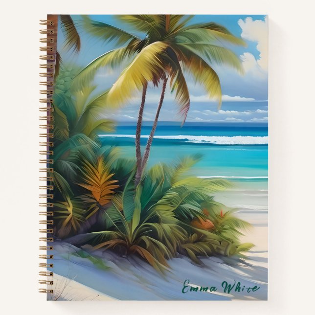 Tropical Paradise Sea & Palm Trees Monogram Notebook (Front)