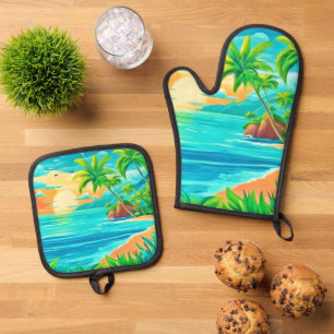 Tropical Paradise Sunset Coastline View Oven Mitt & Pot Holder Set