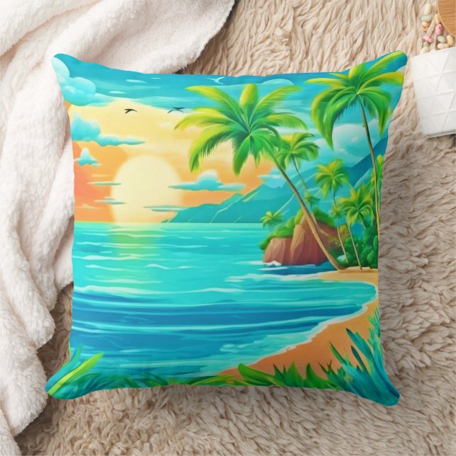Tropical Paradise Sunset Coastline View Throw Pillow (Blanket)
