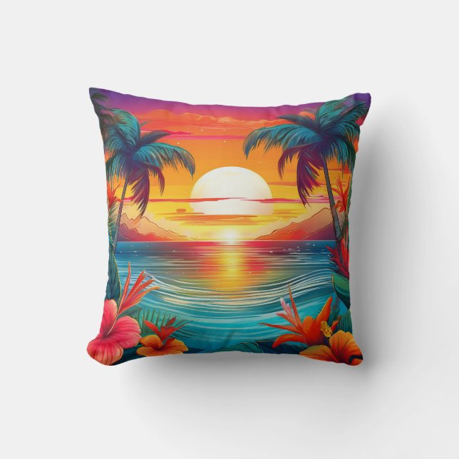 Tropical Paradise Sunset Throw Pillow (Front)