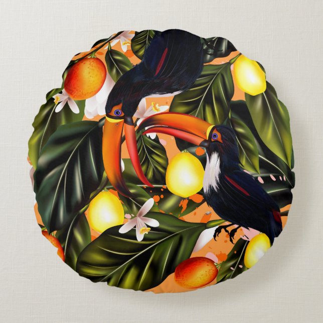 Tropical paradise.Toucans and citrus Round Pillow (Front)