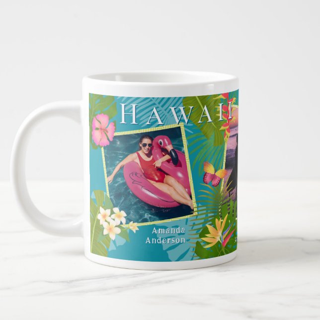 Tropical Paradise Travel Memories Teal Large Coffee Mug (Left)