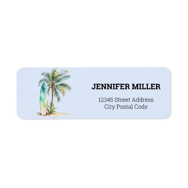 Tropical paradise with palm tree and surfboard (Front)
