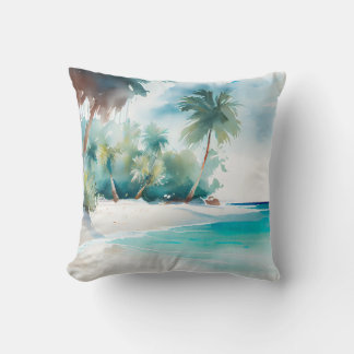 Tropical Paradise with Sandy Beach and Palm Trees  Throw Pillow