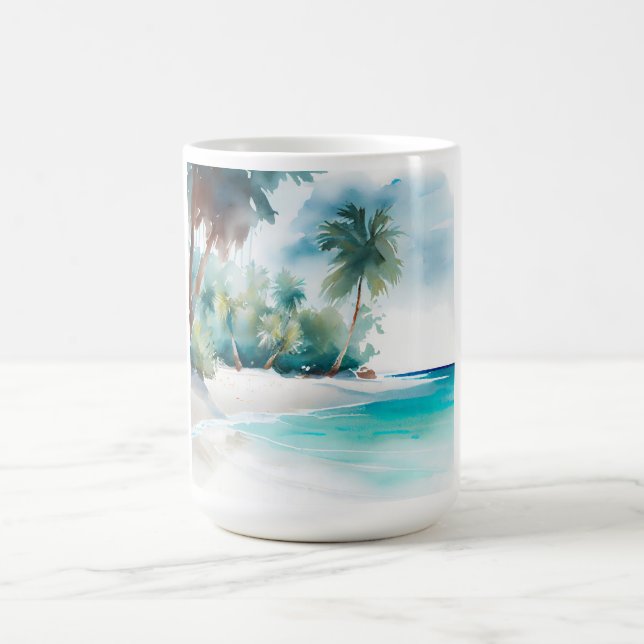 Tropical Paradise with Sandy Beach and Plam Trees  Coffee Mug (Center)