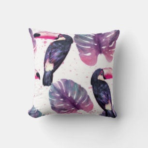 Tropical paradise with watercolor parrots and palm throw pillow