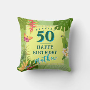 Tropical Paradise Yearly Birthday Green Throw Pillow
