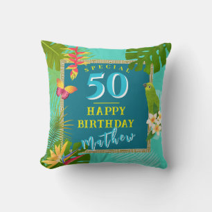 Tropical Paradise Yearly Birthday Teal Throw Pillow