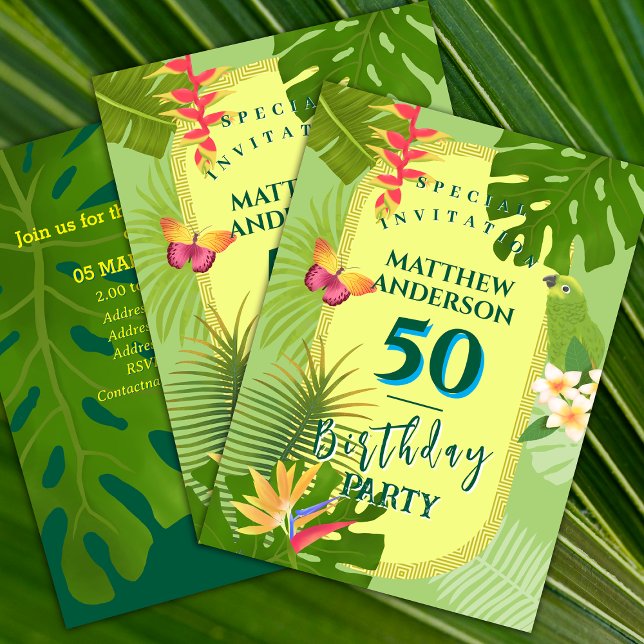 Tropical Paradise Yearly Green Birthday Invitation (Tropical Paradise Invitation card.)