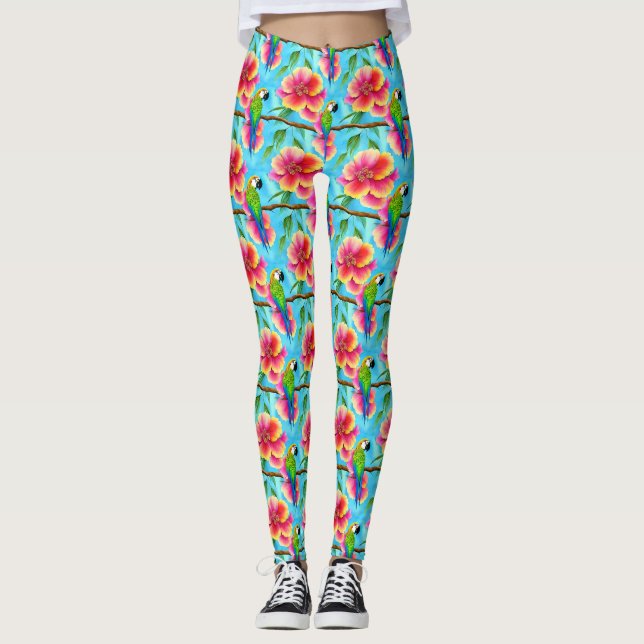 Tropical Parrot and Flower Pattern  Leggings (Front)